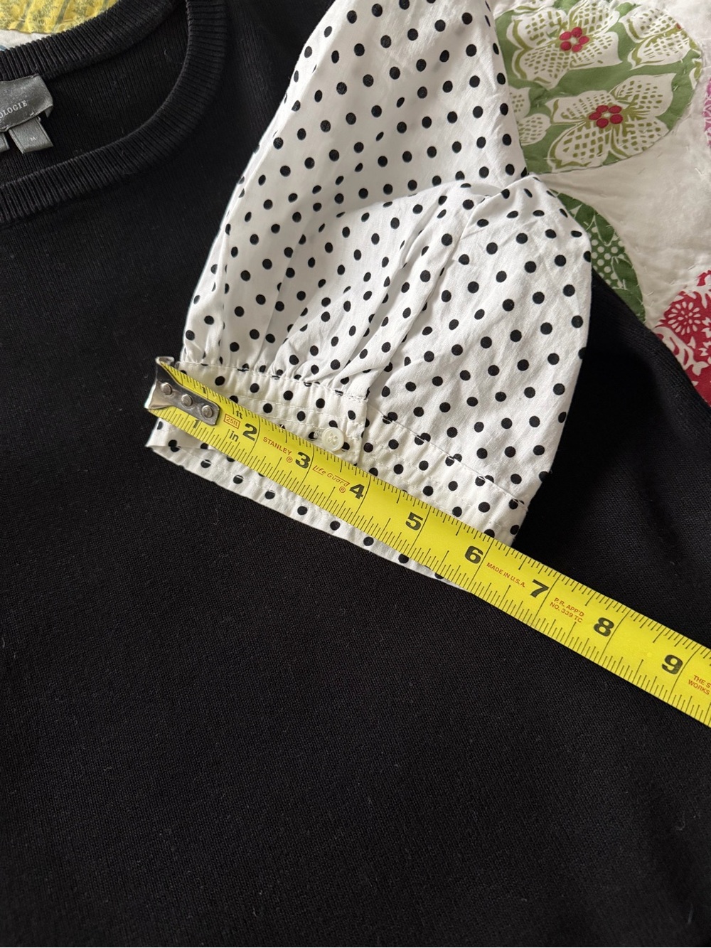 By Anthropologie Layered Poplin-Sleeve Polka Dot Mixed Media Sweater Top, M - Picture 10 of 13